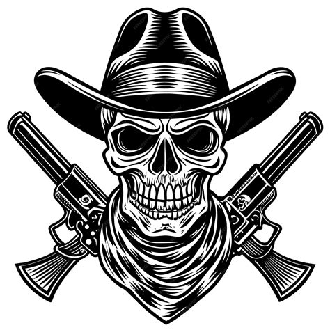 Cowboy Skull Head With Double Gun And Hat Black And White Vector