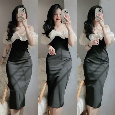 L Xinh Women S Black Shoulder Dress With Nude Kiri Dress Chiffon Stretchy Elastic D