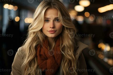 A Beautiful Blonde Woman With Long Hair And A Scarf Generative Ai Stock Photo At Vecteezy