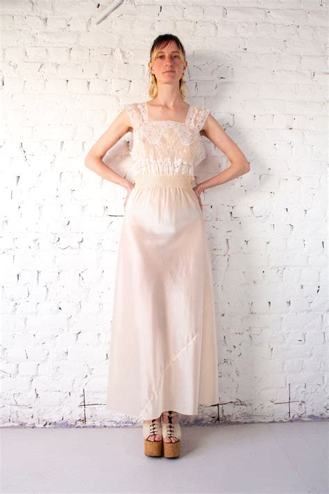 1930s Baby Pink Satin Rayon White Lace Embroidered Nightgown Vintage 30s Art Deco Lingerie