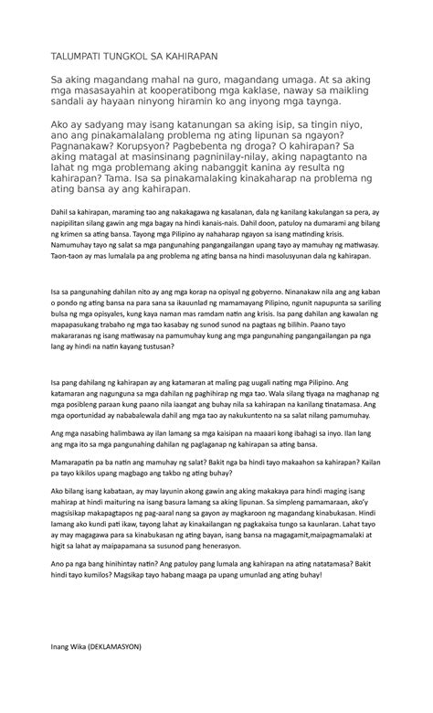 talumpati tungkol sa kahirapan talumpati tungkol sa kahirapan sa