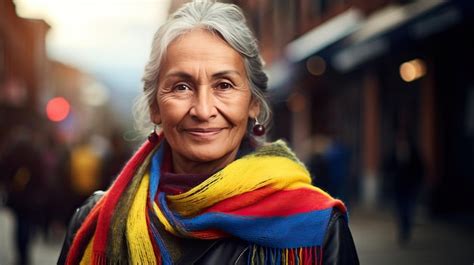 Premium Ai Image Mature Woman Proud To Be Colombian With A Scarf Around Her Neck In The
