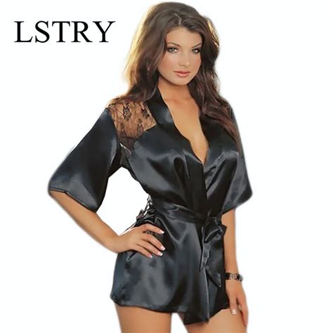 Lstry New Hot Sexy Lingerie Plus Size Satin Lace Black Kimono Intimate