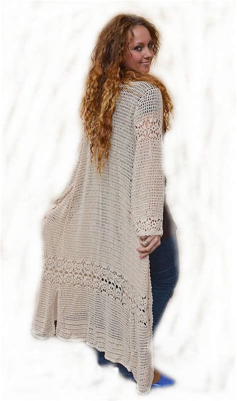 Crocheted Long Coats Light Beige Linen Crocheted Coat Handmade Lace