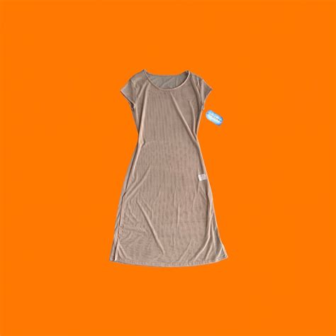 S Vintage Nude Sheer See Through Mesh Short Sleeve Midi Dress Large Double Platinum