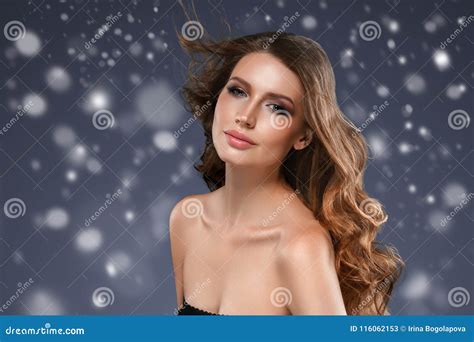 Beauty Brunette Woman Winter Snow Face Portrait Beautiful Spa M Stock