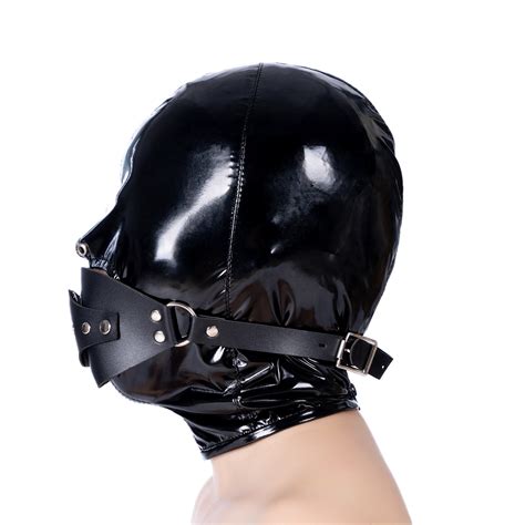 SM Leather Zipper Hood Mask Blindfold Oral Sex Dildo Penis Gag Open Mouth Plug Slave Head