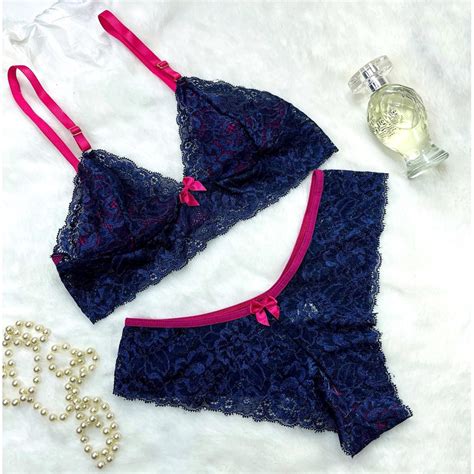 Conjunto De Lingerie Calcinha e Sutiã Sem Bojo Renda Diversas Cores Bicolor Shopee Brasil