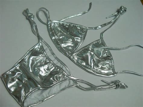 FASHION CARE U S Sexy Halter Metallic Silver Thong Swimwear Bikini Pcs Set