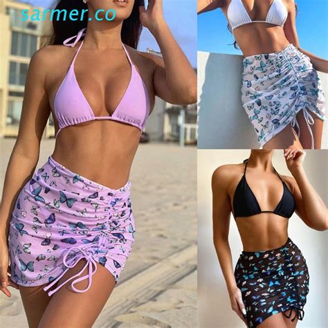 sar2 mujeres sexy 3pcs bikini conjunto halter cadena triángulo traje de