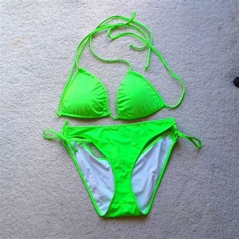 Zeraca Swim Womens Tie Side Bottom Triangle Bikini Swimsuit Neon