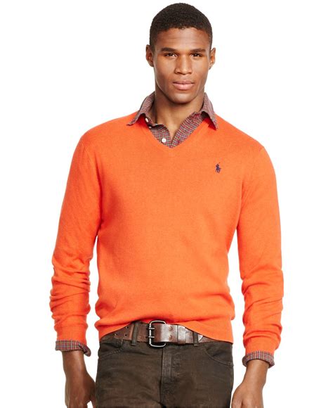 Lyst Polo Ralph Lauren Pima V Neck Sweater In Orange For Men