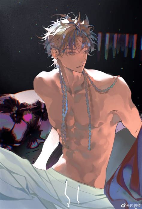 A Naked Man Sitting On Top Of A Bed In Front Of A Wall With Colorful Lights