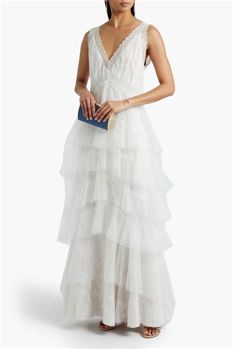 Marchesa Notte Tiered Chantilly Lace And Point D Esprit Gown In Ivory