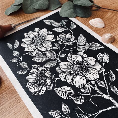 Botanical Linocut Print Ii Original Flower Themed Lino Print Etsy