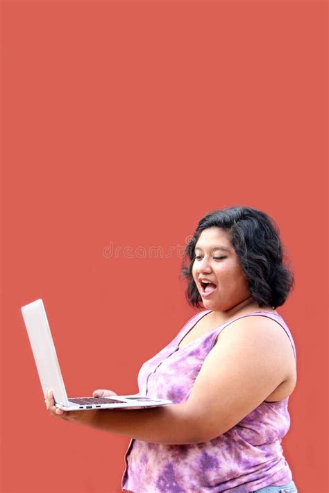 Year Old Overweight Brunette Latina Woman Uses Her Laptop To Study Do Homework Date Shop