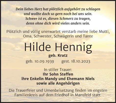 Traueranzeigen Von Hilde Hennig Abschied Nehmen De