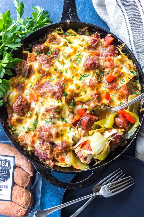 Keto Cheesy Cabbage Sausage Skillet Recipe Ketogenic Recipes Dinner