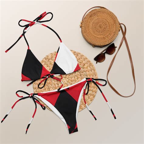 Bold Geometric Bikini Set Red Black White Triangle Top Tie Bottom Etsy