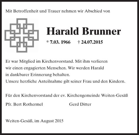 Traueranzeigen Von Harald Brunner Vrm Trauer De