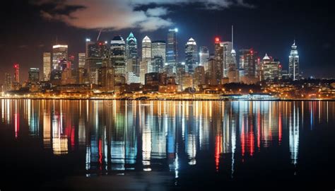 Bright City Lights Reflect on the Waterfront at Dusk Generated by AI ...