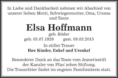 Traueranzeigen Von Elsa Hoffmann Abschied Nehmen De