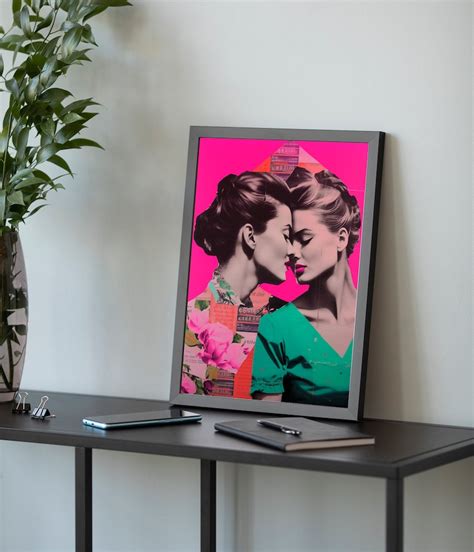 Retro Love Poster Vintage Pop Art Lesbian Bisexual Women Kissing Print Beautiful Collage