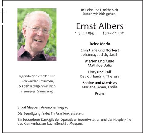 Traueranzeigen Von Ernst Albers Noz Trauerportal