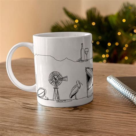 Proudly Sa Lineart Mug Featuring Proudly Sa Icons Like Taxi Protea
