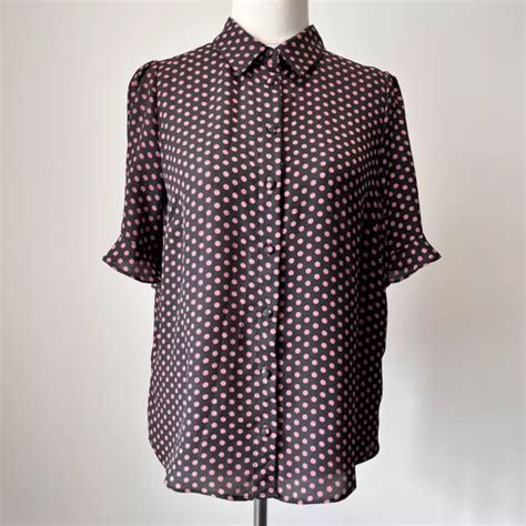 PORTMANS WOMENS TOP Blouse Shirt Polka Dots Black Burtgundy Botton Up