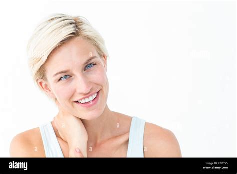 Gorgeous Blonde Smiling Ta Camera Stock Photo Alamy