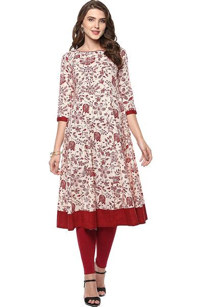 Beige Colored Cotton Anarkali Kurtis Cotton Anarkali Floral Print