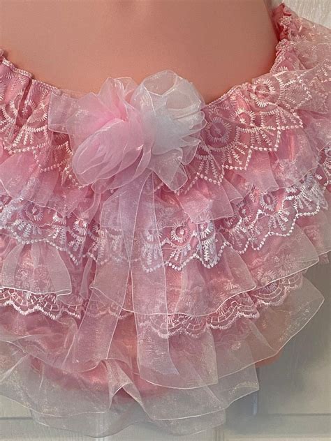 Sissy Panties Bikini Lingerie Pink Satin And Design Lace Pink Organza Frilly Knickers