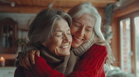 Two Mature Women Hugging Each Other In Their Living Room At Home Premium AI Generated Image