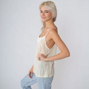 Beige Camisole S Cami Lingerie Tank Top Semi Sheer White Floral Applique Sleeveless Romantic