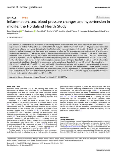 Pdf Inflammation Sex Blood Pressure Changes And Hypertension In Midlife The Hordaland