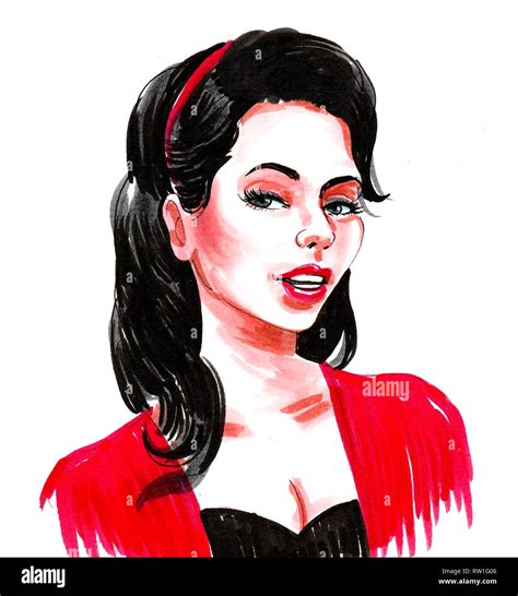 Pretty Brunette Woman In Red Jacket Ink And Watercolor Illustration Stock Photo Alamy