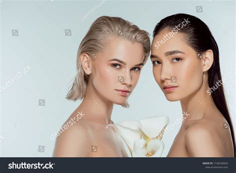 Nude Multiethnic Women Posing White Calla Stock Photo Shutterstock