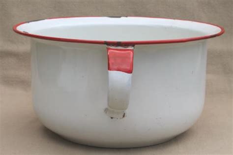 Vintage Enamelware Chamber Pot White Red Enamel Camp Cabin Potty