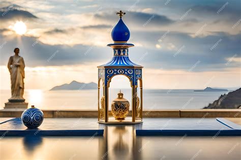 Premium AI Image | white blue and golden ceramic bottle of perfume in ...