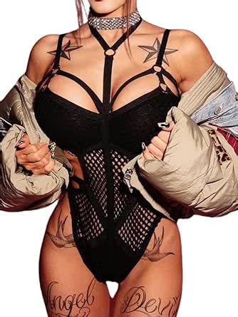 Amazon Kaei Shi Teddy Lingerie For Women Choker Strappy Bandage One Piece Mesh Fishnet