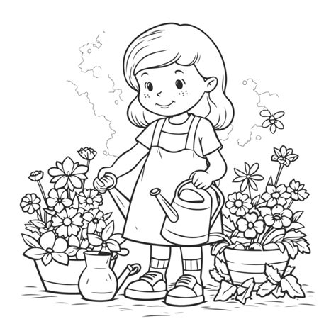 Gambar Garis Besar Halaman Mewarnai Sketsa Seorang Anak Yang Menyiram