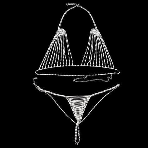 Hot Sexy Hollow Rhinestone Bra And Thong Panties For Women Charm Bikinis Crystal Body Chain