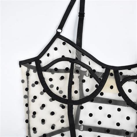 Dot Sheer Mesh Unlined Lingerie Set Allure Lace Bra Low Rise G String Thong Panty Lace Deep V