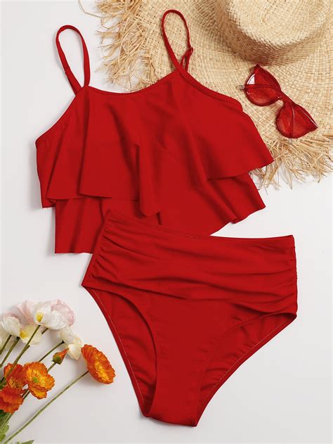 Shein Swim Basics Conjunto De Tankini Unicolor Con Dobladillo De