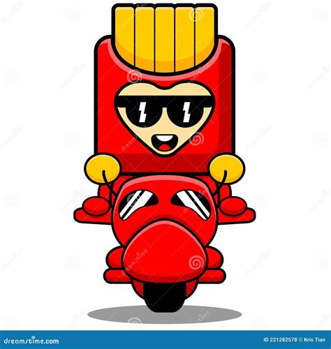 French Fries Costume Mascot Riding a Motorbike Stock Vector