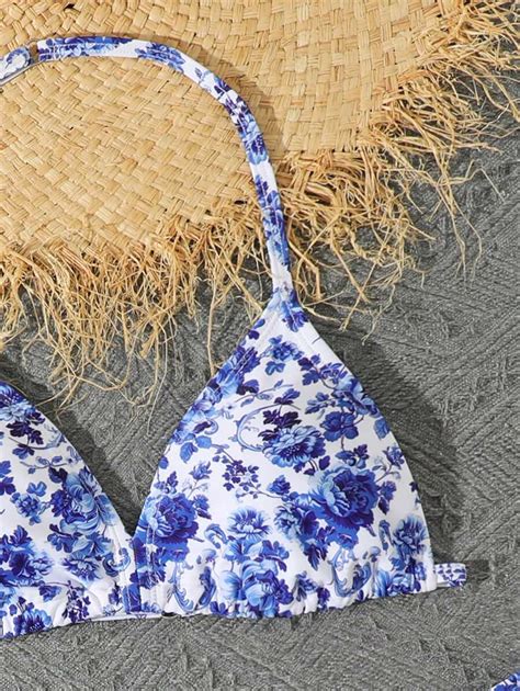 SHEIN Teen Girl Summer Beach Packs Floral Print Halter Triangle Bikini Beach Skirt Piece