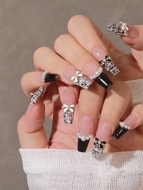 Instantly Upgrade Your Look With 24pcs Set Long Coffin Shaped Nude French Bowknot False Nails
