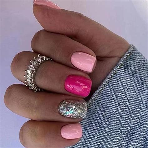 Amazon 24 Pcs Set Hot Pink Press On Nails Short Square SHANRUN Spring Sequins Fake Nails