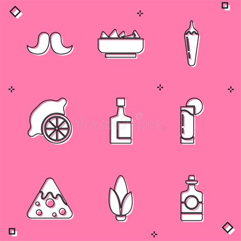 Set Mustache Nachos In Bowl Hot Chili Pepper Pod Lemon Tequila